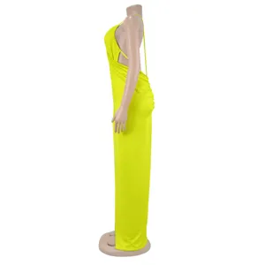 Side profile view of neon yellow thin strap V-neck cross cutout bodycon maxi evening dress.