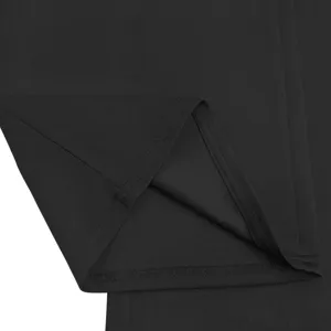 Detail view of women's black wide-leg long pants hem, featuring fine stitching and smooth fabric.