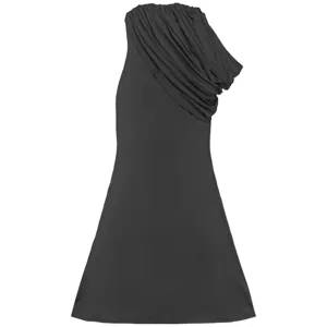 Detailed view of an elegant black strapless draped long dress, perfect for evening parties.