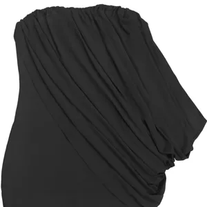 Elegant black strapless draped fishtail bodycon evening dress detailed view.