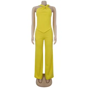 Yellow halter twist top wide-leg pants two-piece set elegant commute women outfit