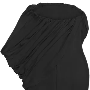 Black strapless dress detail featuring elegant draped folds and bustier design for evening wear.