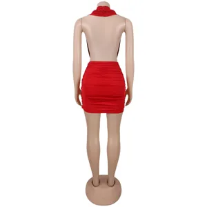 Sexy red halter backless mini dress, elegant ruched bodycon design, rear view detail display.