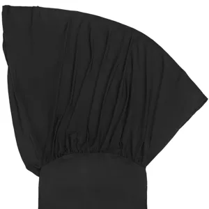 Black draped dress detail, elegant evening gown fabric texture close up view, smooth textile