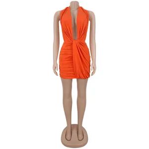 Sexy deep v halter neck bodycon mini dress detail view, solid color party club wear outfit.