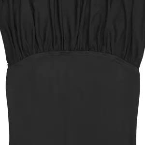 Detail view of women's black strapless gathered long dress evening party elegant apparel