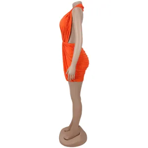 Orange halter mini dress side view, sexy bodycon party dress detail shot for women.
