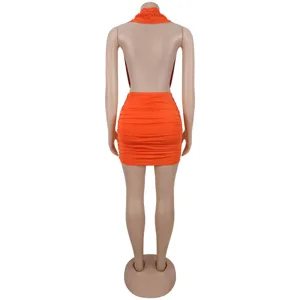 Sexy orange halter backless bodycon mini dress for women, clubwear party solid color dress.