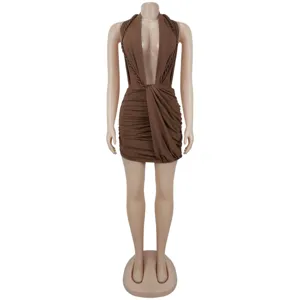 Sexy deep V halter neck bodycon mini dress, solid color ruched party club dress for women.
