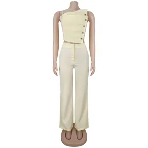 Women solid color pleated metal button camisole top and wide-leg trousers two piece outfit detail
