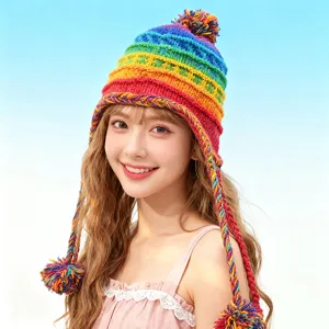 Gorro de Punto de Lana 100% Hecho a Mano Estilo Étnico Borlas Pom Pom Cálido Gorro de Invierno con Orejeras Para Mujeres