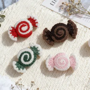 Handmade crochet candy brooch and hair clip set, cute winter accessories for gifts.