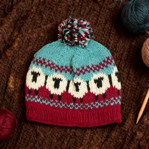 Gorro de punto de lana hecho a mano con bonito patrón de ovejas y pompón acogedor.