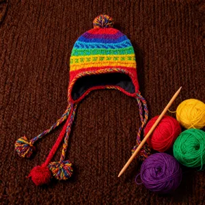 Gorro artesanal de lana nepalí con orejeras de arcoíris y pompones coloridos, vista detallada