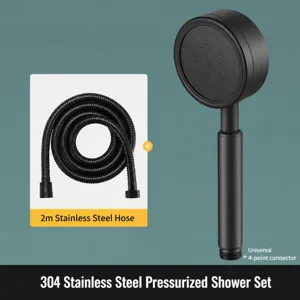 Black 304 stainless steel handheld shower head set with two meter shower hose for bathroom.