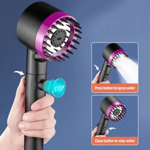 Soffione doccia pressurizzato manuale con getti massaggianti in silicone e tasto stop.