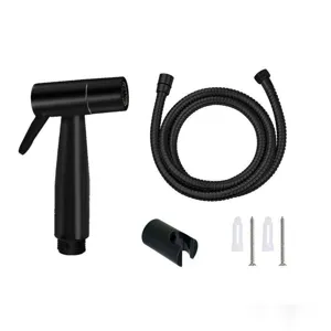 Closeup details of the black bidet sprayer set, showing sprayer head, hose and mounting parts.
