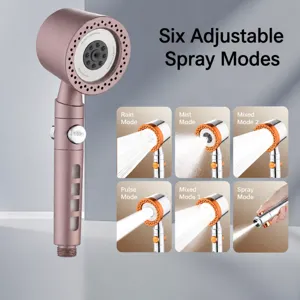 Soffione doccia manuale ad alta pressione con 6 modalita regolabili, filtrazione e stop.