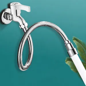 Universal stainless steel faucet extender with flexible hose for anti-splash kitchen use.