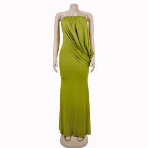 Olive green strapless draped fishtail long dress detail view, elegant evening party wear texture.