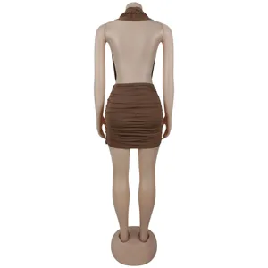 Sexy backless halter ruched mini dress for women, stylish party clubwear detail view.