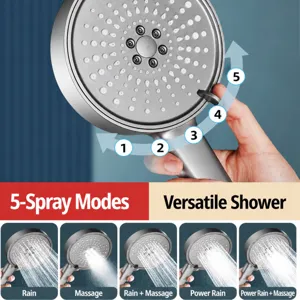 5-Setting High Pressure Handheld Shower Head Large Panel Bathroom Water Saving Sprayer