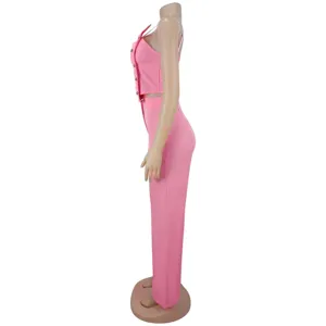Pink two-piece set women's clothing solid color strap crop top wide-leg pants summer outfit