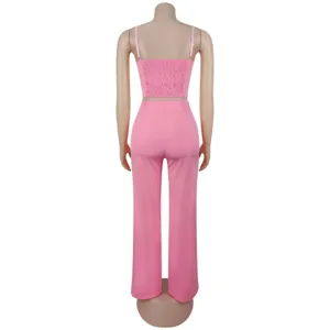 Pink crop top and wide leg pants two piece set for women summer casual wear fashion outfit.