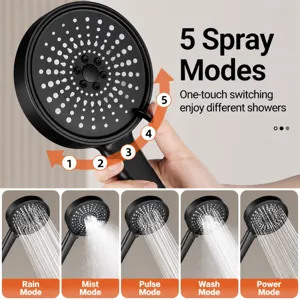 5-Setting High Pressure Shower Head Handheld Bathroom Shower Spray with 5 Modes Black