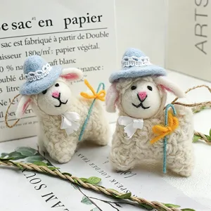 Handmade wool felt cute sheep pendant, fluffy lamb bag charm, detailed plush keychain accessory.