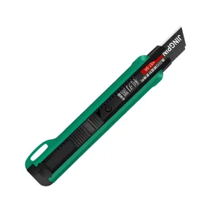 Heavy duty utility knife with black alloy steel blade, ergonomic green handle for cutting.