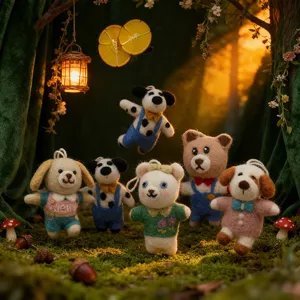 Detailed close-up of handmade wool felt animal pendants, cute hanging decor for bags and rooms.
