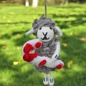 Handmade wool felt sheep hanging ornament, cute gray animal plush toy for home decor gift.