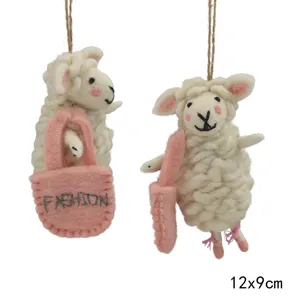 Handmade wool felt sheep hanging ornament with pink bag cute animal pendant, 12x9cm