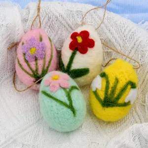 Easter wool felt hanging eggs colorful floral DIY party decoration ornaments set of 4