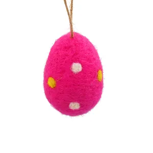 Bright pink wool felt Easter egg hanging ornament with colorful polka dots for holiday decor.