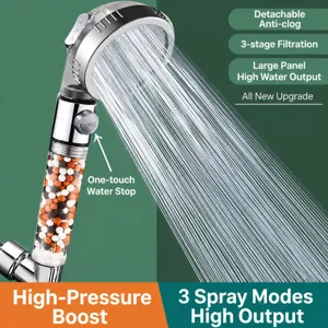 Pommeau de douche haute pression avec 3 modes de jet billes filtrantes et bouton arret d'eau