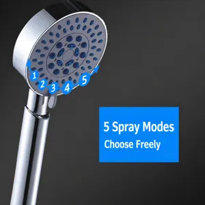 Handheld multi-function shower head with five spray modes and chrome finish for bathroom.