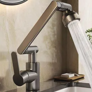 Modern gunmetal robotic arm faucet for kitchen sink or bathroom basin, swivel spray.