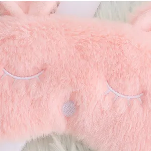 Cute pink plush rabbit sleep mask with delicate embroidery, soft and comfortable for daily use.