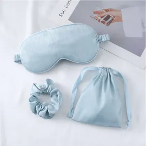Hellblaue Seiden-Schlafmaske Scrunchie und Beutel Set, weiche atmungsaktive Reise.