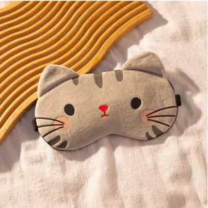 Maschera da notte per dormire grigia a forma di gatto peluche, carina e morbida per ufficio.