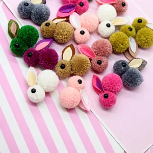 Cute cartoon wool felt 3D rabbit hair tie accessories, colorful DIY pom-pom craft materials.