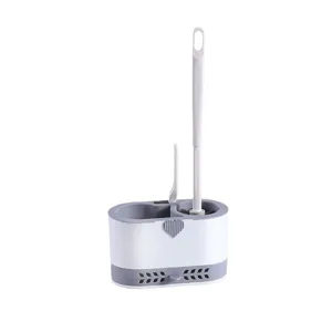 Juego de escobilla de baño multifuncional con soporte, herramienta de limpieza blanca y gris.