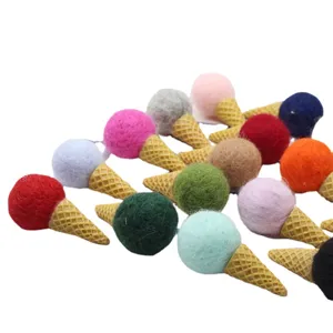 Colorful felt wool ball ice cream cone DIY craft accessories for handmade bouquet and decoration.