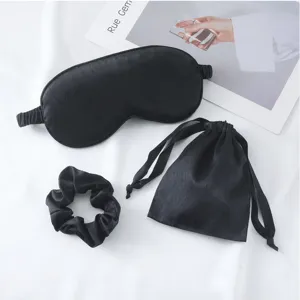 Seide Schlafmaske Set mit Haargummis und Tasche, atmungsaktive Verdunkelungsmaske für Reisen.