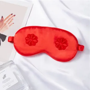 Red silk sleep eye mask with 3d floral embroidery breathable comfortable for travel and home use