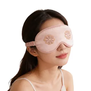 Pink silk sleep eye mask with 3D floral embroidery, comfortable shading for home and travel