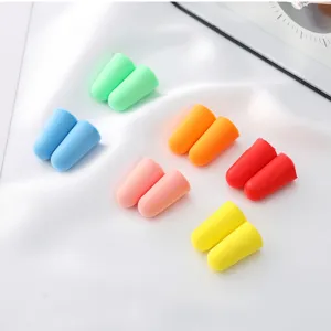 Multi-color slow rebound foam earplugs detail shot, soft noise reduction ear plugs for sleeping.