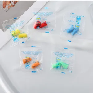 Foam earplugs detail view showing individual transparent packaging with instructions and colors.